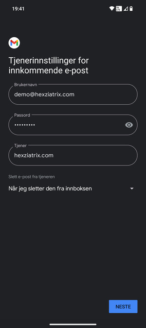 Skriv inn Brukernavn og innkommende serveradresse. Velg NESTE