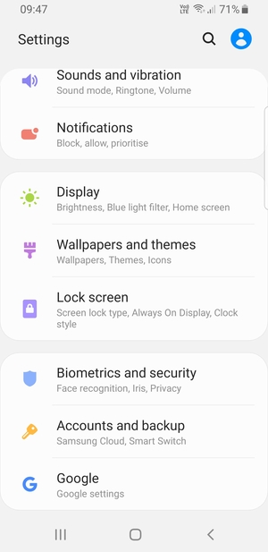 Scroll to and select Accounts and backup