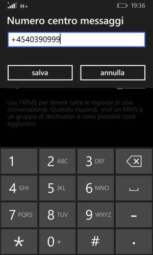 Inserisci Numero centro messaggi e seleziona salva