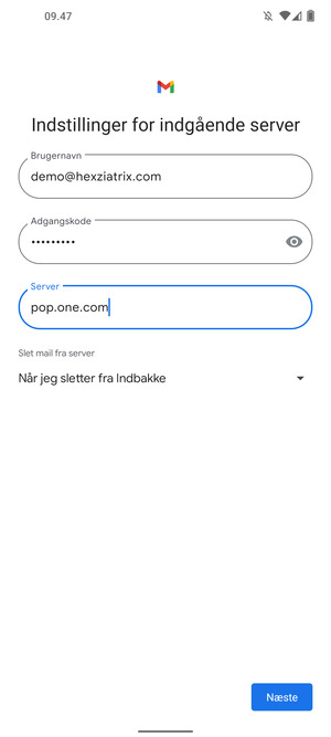 Indtast Brugernavn og indgående serveradresse. Vælg Næste