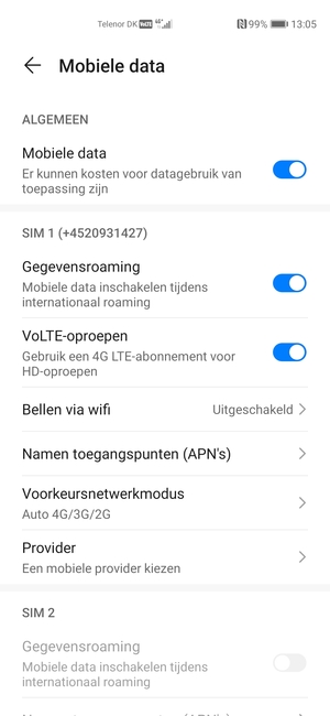 Schakel Gegevensroaming in of uit