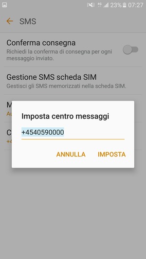 Inserisci il numero di Centro messaggi e seleziona IMPOSTA
