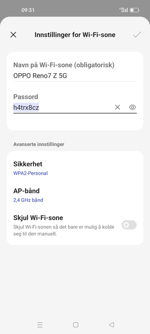 Skriv inn et Wi-Fi hotspot-passord på minst 8 tegn og velg OK