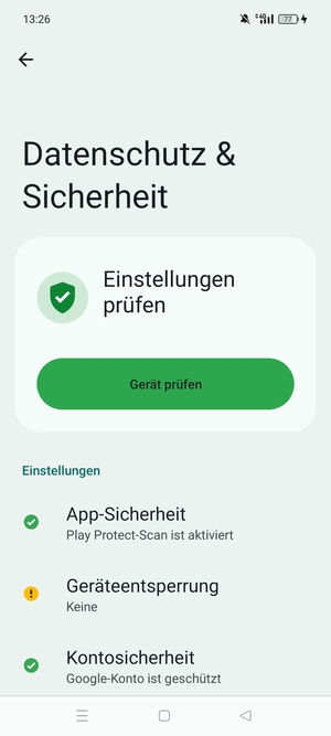 Um Ihre Bildschirmsperre zu aktivieren, gehen Sie zum Sicherheit & Datenshutz Menü und wählen Sie  Geräteentsperrung