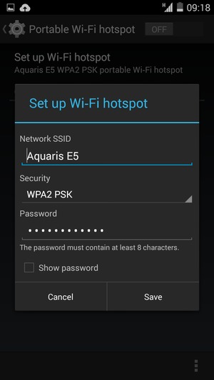 Enter a Wi-Fi hotspot password of at least 8 characters and select Save