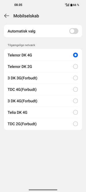 Vælg en netværksudbyder fra listen