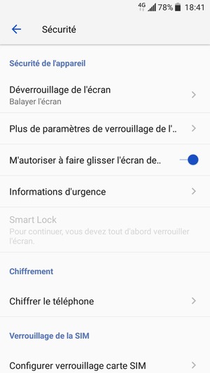 Pour activer votre écran de verrouillage, allez dans le menu Sécurité et sélectionnez Déverrouillage de l'écran