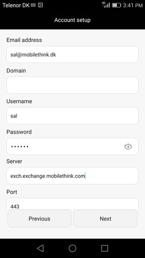 Scroll down and enter Exchange server address. Select Next