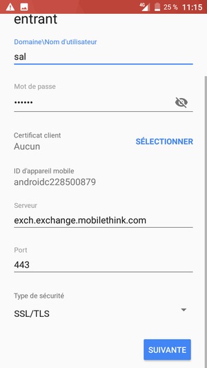 Saisissez votre mot de passe et l'adresse du serveur Exchange. Sélectionnez SUIVANTE