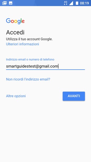 Inserisci il tuo indirizzo Gmail e seleziona AVANTI