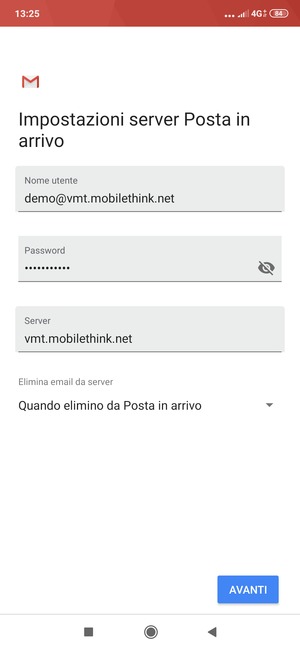 Inserisci Nome utente e l'indirizzo del server di posta in arrivo. Seleziona AVANTI