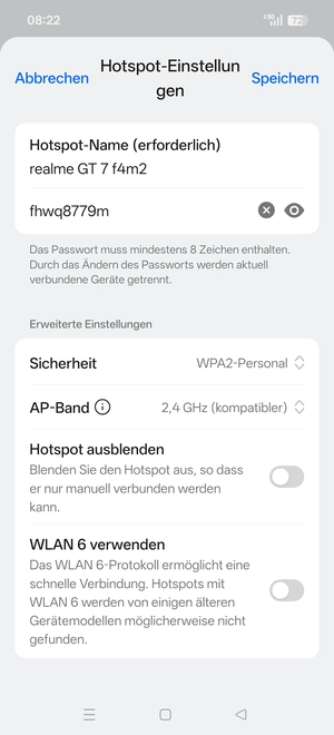 Geben Sie eine WLAN-Hotspot-Passwort mit mindestens 8 Zeichen ein und wählen Sie Speichern
