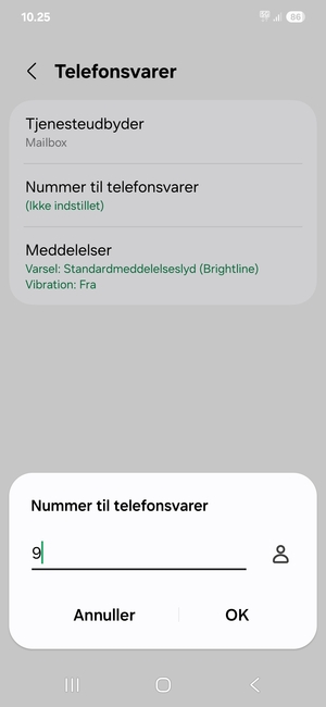 Indtast Nummer til telefonsvarer og vælg OK