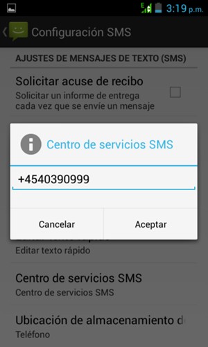 Introduzca el número de Centro de servicios SMS y seleccione Aceptar