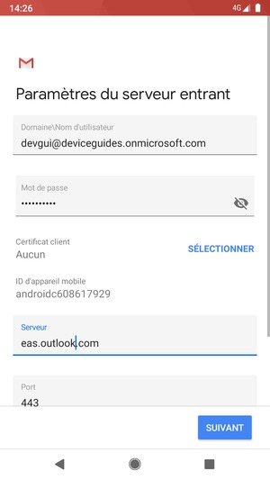 Saisissez votre Nom d'utilisateur et l'adresse du serveur Exchange. Sélectionnez SUIVANT