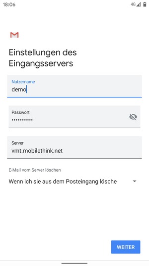 Geben Sie Benutzername und die Server-Adresse für eingehende Post ein. Wählen Sie WEITER