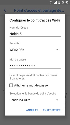 Saisissez un mot de passe de hotspot Wi-Fi d'au moins 8 caractères et sélectionnez ENREGISTRER