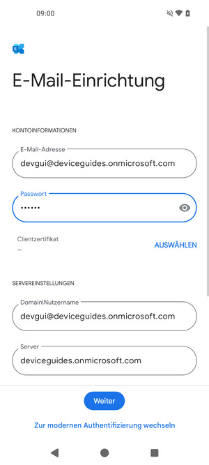 Geben Sie Benutzername und Exchange Server-Adresse ein. Wählen Sie Weiter