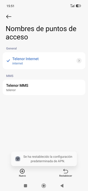 El teléfono se reiniciará con la configuración predeterminada de Internet y MMS