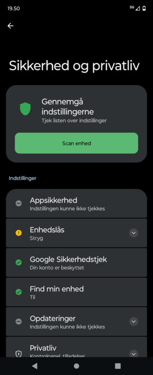 For at aktivere din skærmlås, gå til menuen Sikkerhed og privatliv og vælg Enhedslås