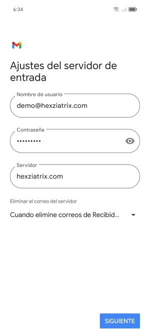 Introduzca Nomre de usuario y la dirección de servidor entrante. Seleccione SIGUIENTE