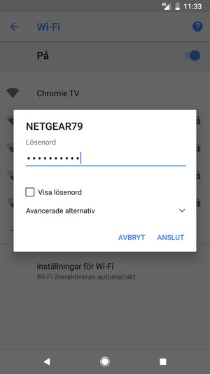 Ange lösenord till Wi-Fi och välj ANSLUT