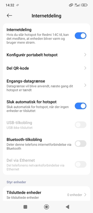 Din telefon er nu sat op til brug som modem