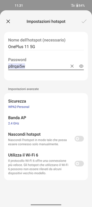 Inserisci una password dell'hotspot Wi-Fi di almeno 8 caratteri e seleziona OK