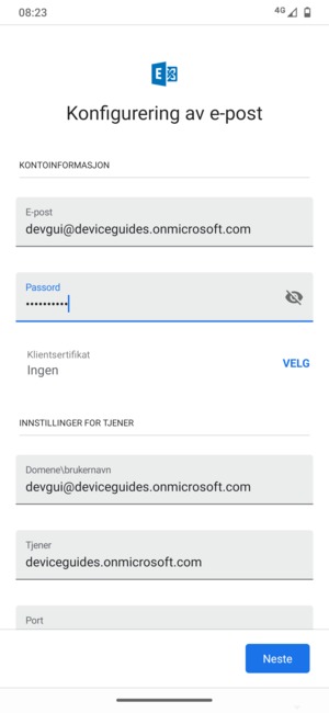 Skriv inn Brukernavn og Exchange serveradresse. Velg Neste