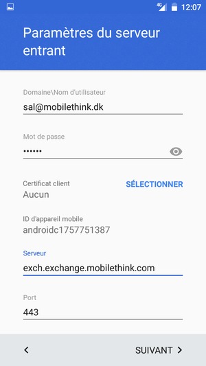 Saisissez votre Nom d'utilisateur et l'adresse du serveur Exchange. Sélectionnez SUIVANT