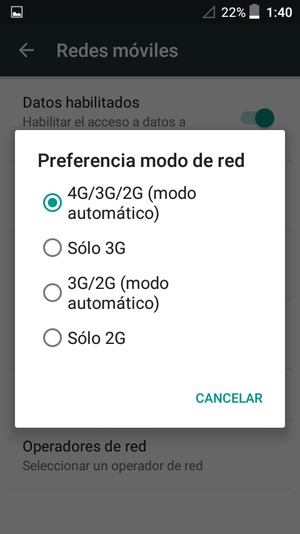 Seleccione Sólo GSM / Sólo 2G para habilitar 2G