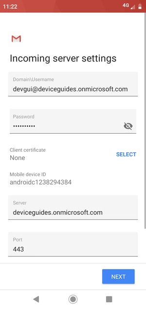 Enter Username and Exchange server address. Select NEXT