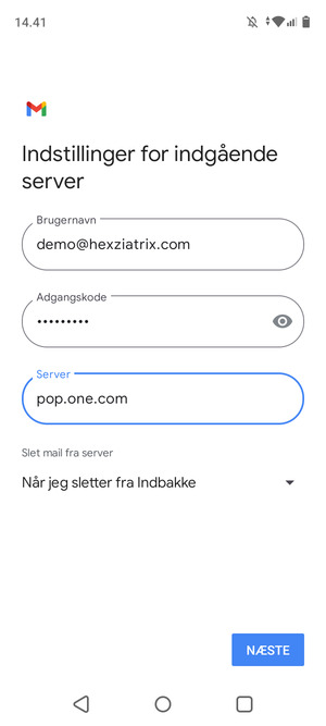 Indtast Brugernavn og indgående serveradresse. Vælg NÆSTE