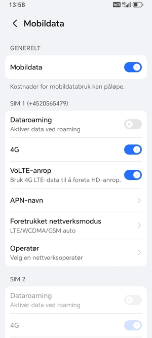 Bla til SIM 1 eller SIM 2 og velg APN-navn
