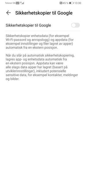 Slå på Sikkerhetskopier til Google
