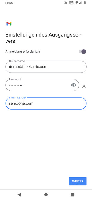 Geben Sie die Server-Adresse für ausgehende Post ein und wählen Sie WEITER