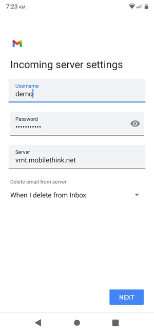 Enter Username and Incoming server address. Select NEXT