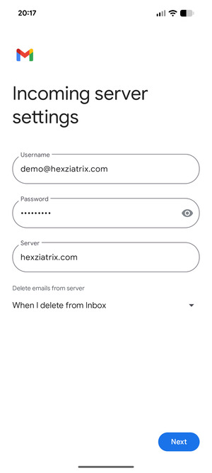 Enter Username and Incoming server address. Select Next