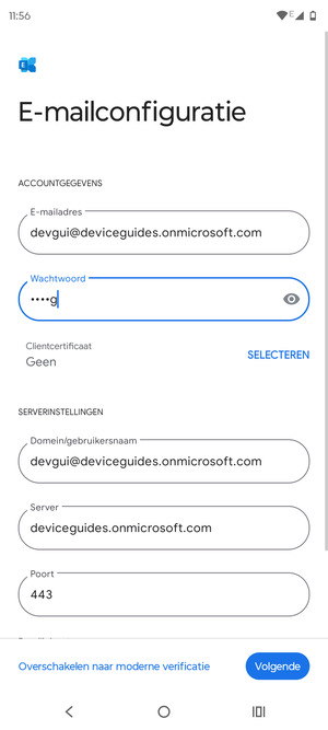 Voer Gebruikersnaam en Exchange serveradres in. Selecteer Volgende