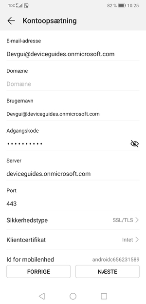 Indtast Exchange serveradresse og vælg NÆSTE