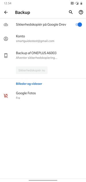Vend tilbage til menuen Backup og vælg Konto
