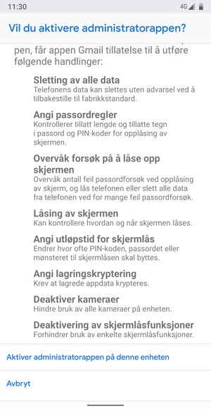 Bla til og velg Aktiver administratorappen på denne enheten