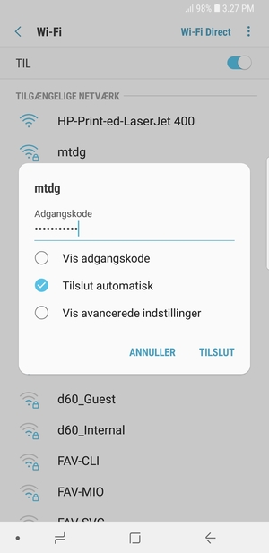 Indtast Wi-Fi adgangskoden og vælg TILSLUT