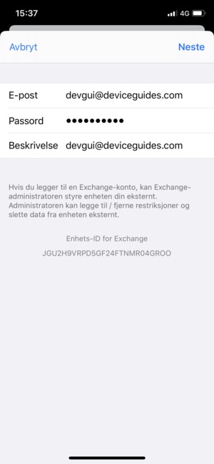 Skriv inn Exchange e-postinformasjon og velg Neste