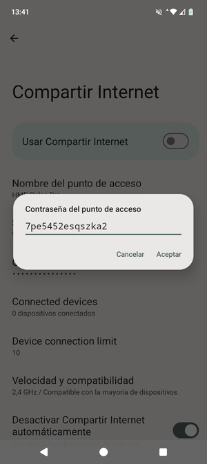 Introduzca una contraseña de punto de acceso Wi-Fi de al menos 8 caracteres y seleccione Aceptar