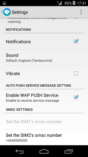 Select Set the SIM1's smsc number or Set the SIM2's smsc number
