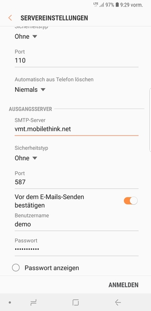 Scrollen Sie nach unten und geben Sie die Server-Adresse für ausgehende Post ein