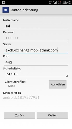 Geben Sie Benutzername und Exchange Server-Adresse ein. Wählen Sie Weiter