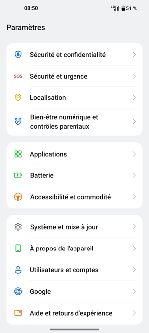 Faites défiler et sélectionnez Sécurité et confidentialité