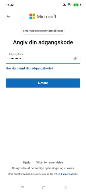 Indtast din adgangskode og vælg Næste